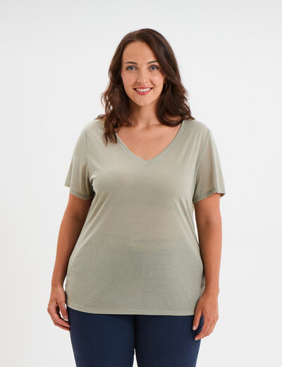T-shirt manches courtes col V vert kaki femme grande taille