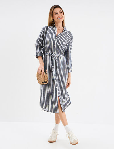 Robe chemise longue ceintur&eacute;e coton bleu marine femme