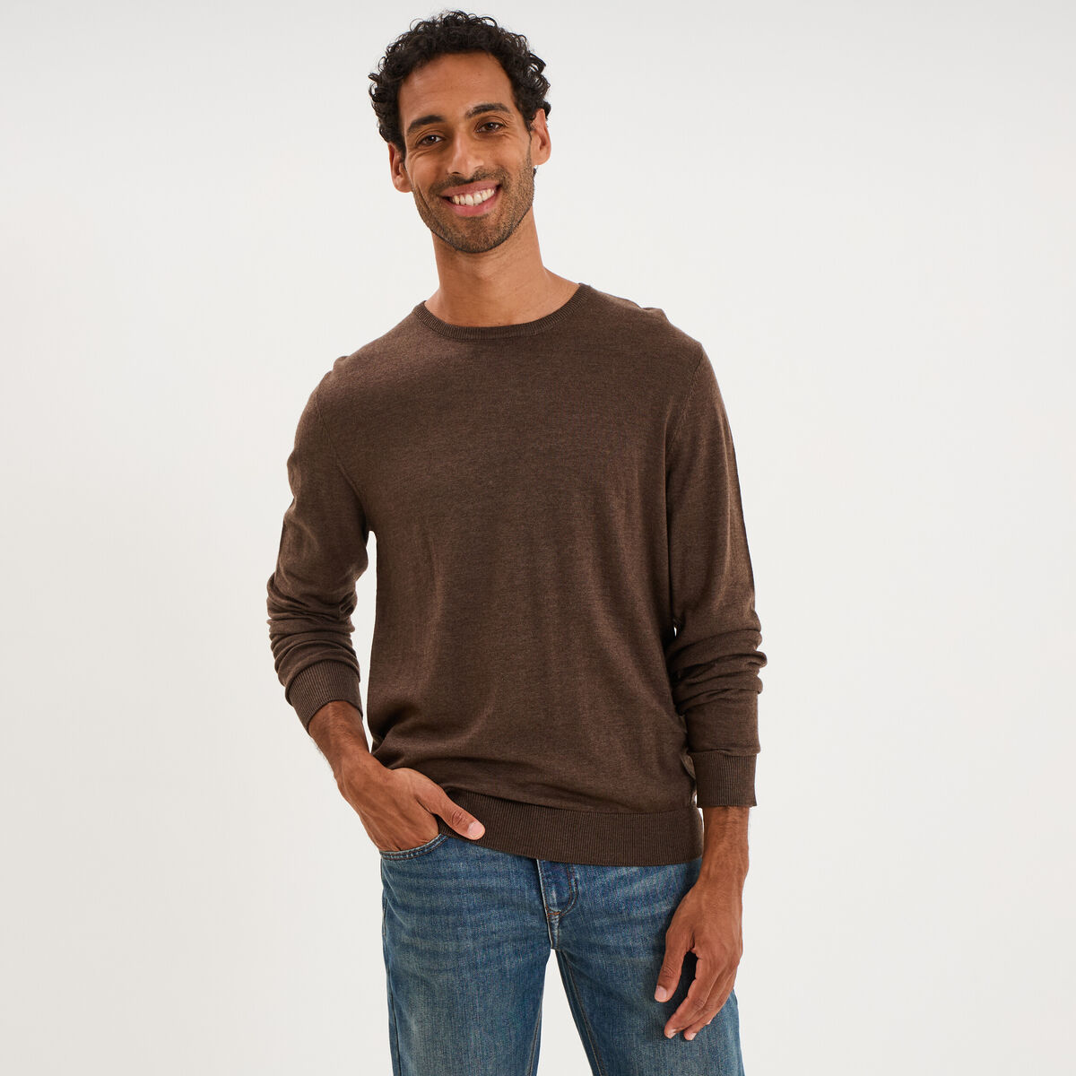 Pull droit col rond coton m&eacute;lang&eacute; marron chocolat homme