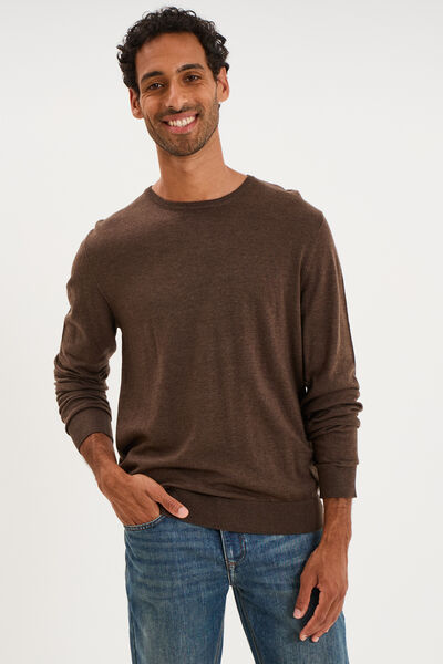 Pull droit col rond coton m&eacute;lang&eacute; marron chocolat homme
