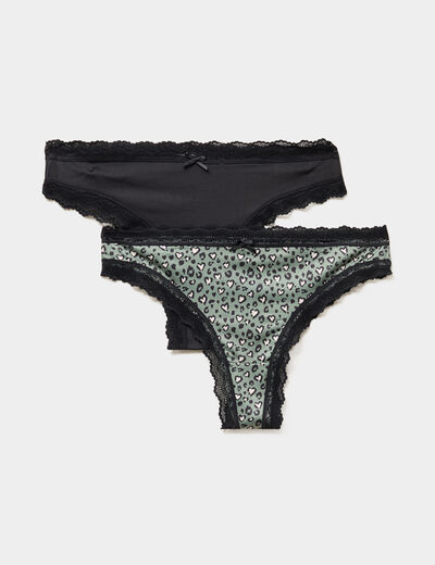 Lot de 2 tangas bords dentelle vert kaki femme