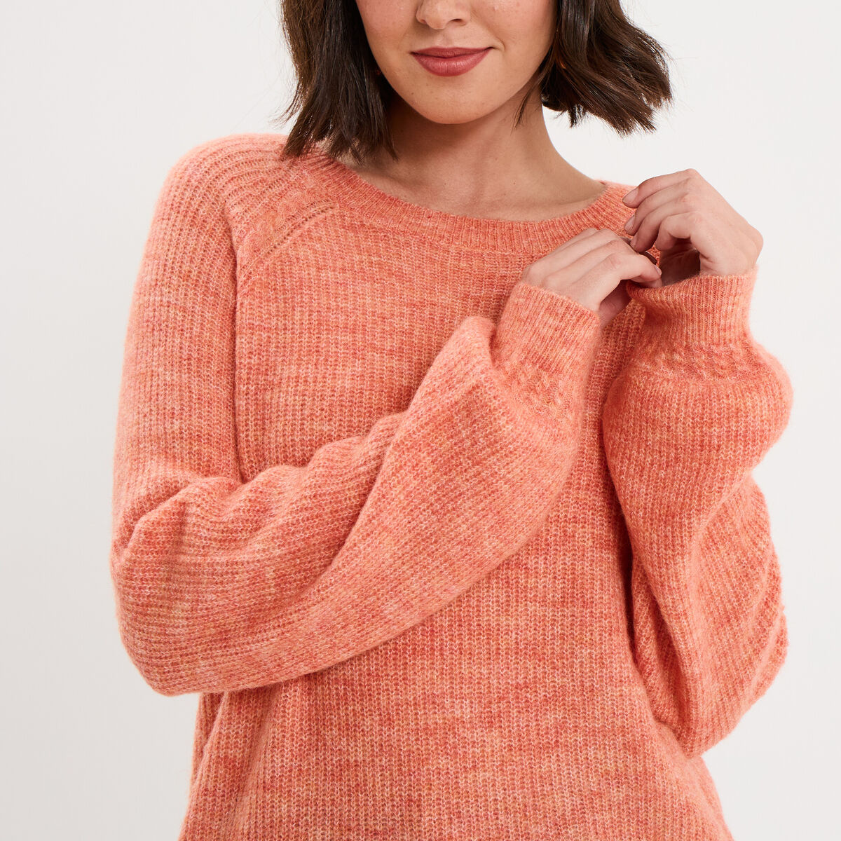 Pull col rond manches longues rose corail femme