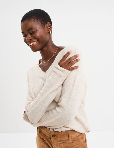 Pull droit ample col V fentes aux c&ocirc;t&eacute;s ecru femme