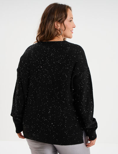 Pull droit col en V avec sequins noir femme grande taille