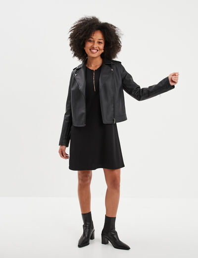 Robe courte col rond zippé Mosquitos noir femme