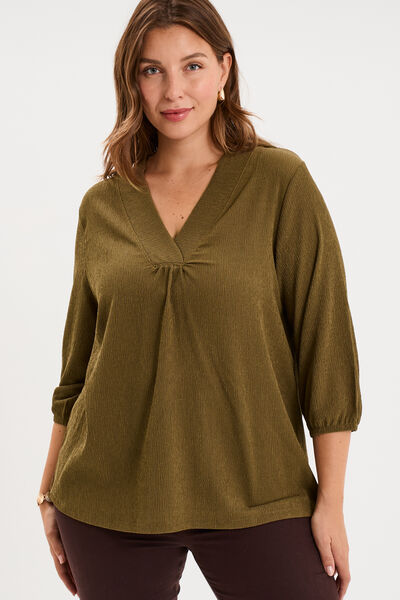 Blouse oversize manches 3/4 et col en V beige femme grande taille