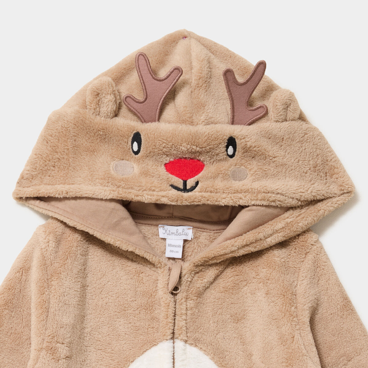 Pyjama No&euml;l effet velours &agrave; capuche taupe b&eacute;b&eacute;