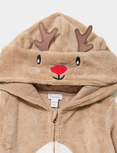 Pyjama No&euml;l effet velours &agrave; capuche taupe b&eacute;b&eacute;
