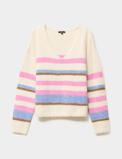 Pull col en V manches longues ecru femme