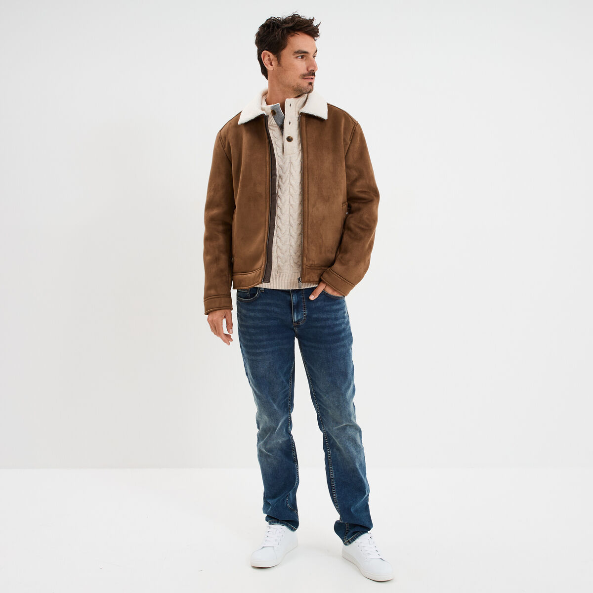 Veste bomber effet su&eacute;dine col aviateur marron homme