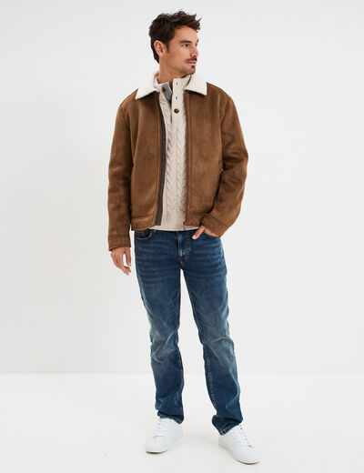 Veste bomber effet su&eacute;dine col aviateur marron homme