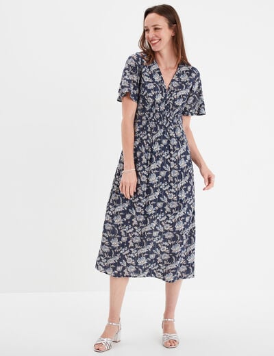 Robe longue empire taille smockée Creeks bleu marine femme