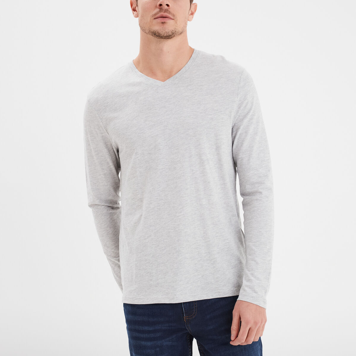 T-shirt col en V manches longues coton gris homme