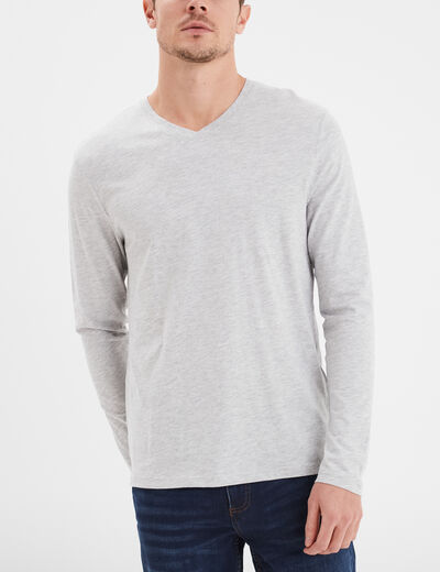 T-shirt col en V manches longues coton gris homme