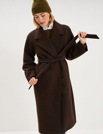 Manteau long oversize ceintur&eacute; marron fonc&eacute; femme