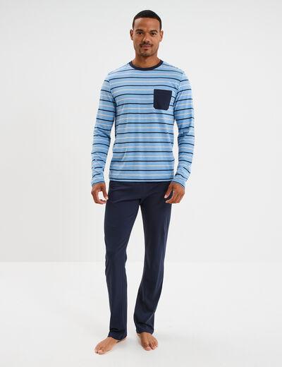 Ensemble pyjama 2 pièces coton bleu marine homme
