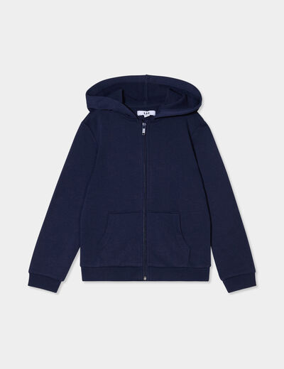 Sweat zipp&eacute; &agrave; capuche droit molleton bleu marine fille