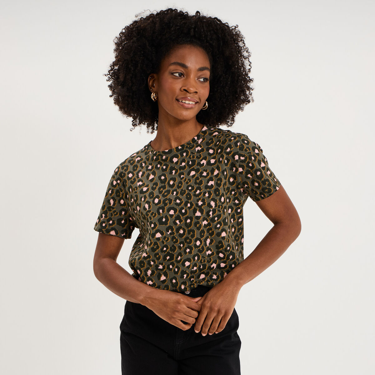 T-shirt coton col rond manches courtes vert kaki femme