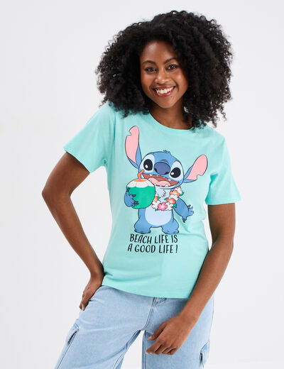 T-shirt col rond manches courtes Stitch vert turquoise femme