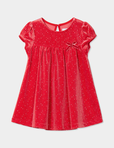 Robe évasée effet velours à strass rouge bébé fille