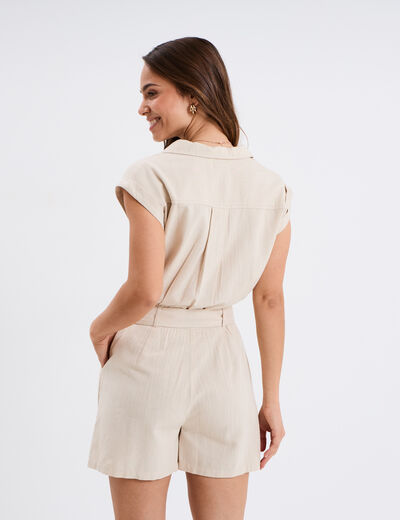 Combishort col chemise ceintur&eacute;e beige femme