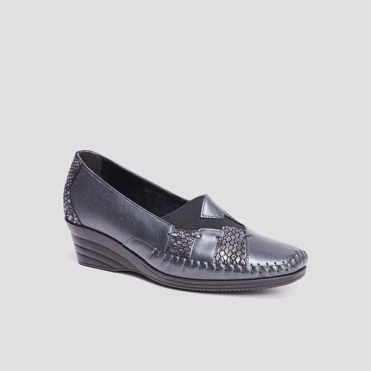 Mocassins compens&eacute;s gris fonc&eacute; femme