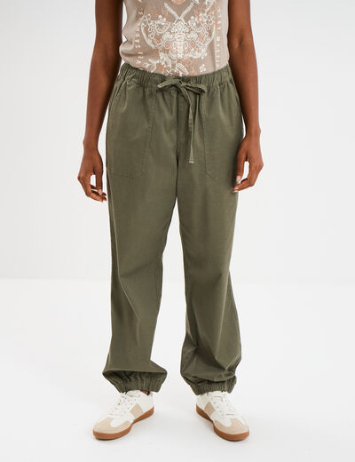 Pantalon droit battle taille élastiquée vert kaki femme
