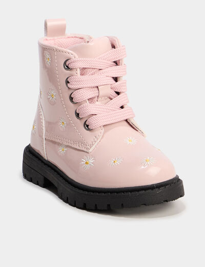 Bottines zipp&eacute;es vernies &agrave; broderie rose b&eacute;b&eacute; fille
