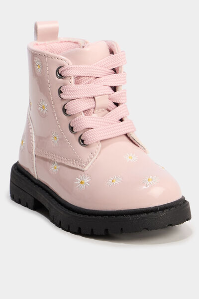 Bottines zipp&eacute;es vernies &agrave; broderie rose b&eacute;b&eacute; fille