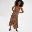 Robe longue évasée asymétrique camel femme