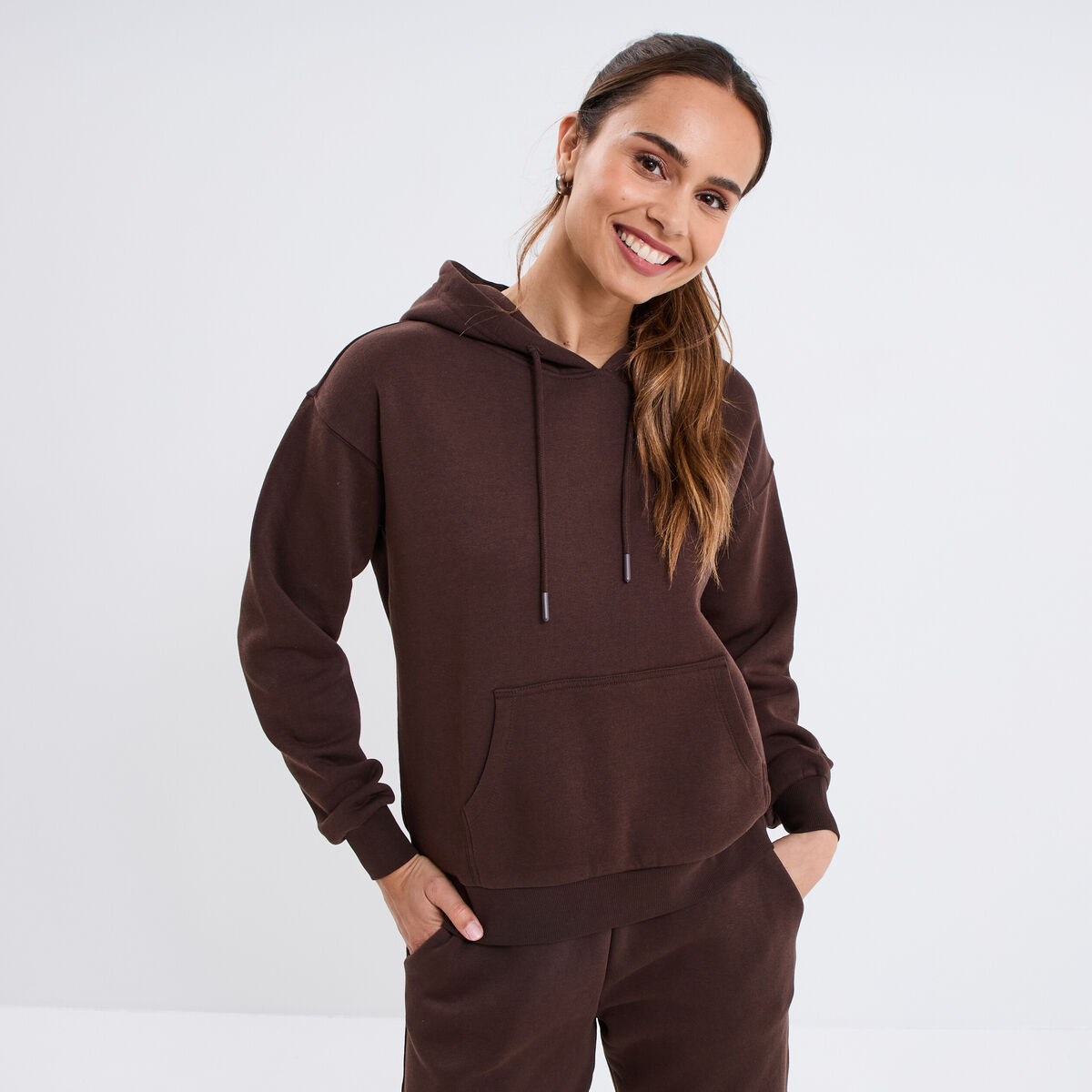 Sweat hoodie molleton à capuche marron foncé femme