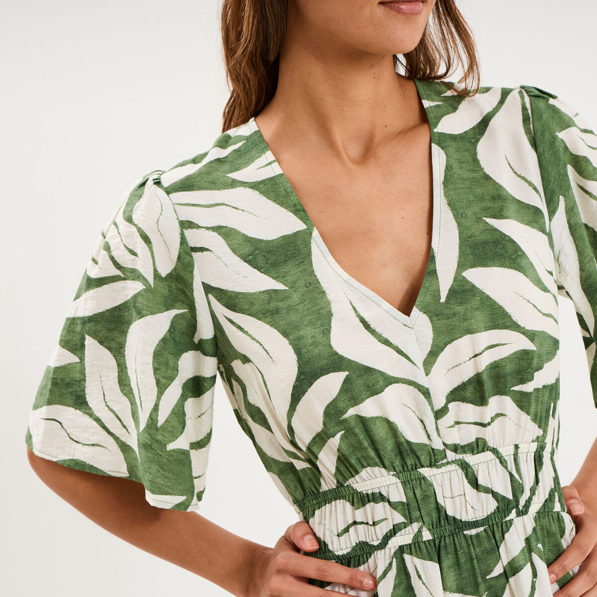 Robe longue col V taille &eacute;lastiqu&eacute;e vert kaki femme