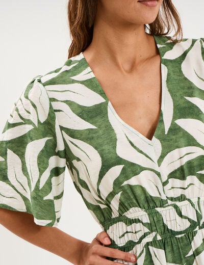 Robe longue col V taille &eacute;lastiqu&eacute;e vert kaki femme
