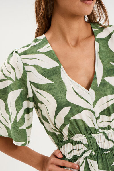 Robe longue col V taille &eacute;lastiqu&eacute;e vert kaki femme