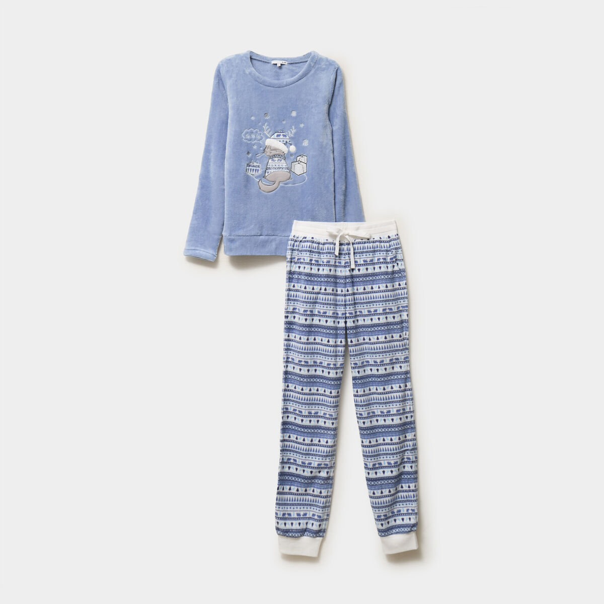 Ensemble pyjama pantalon effet velours bleu clair femme