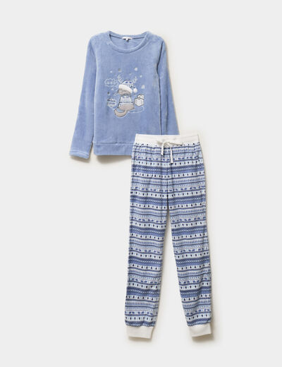 Ensemble pyjama pantalon effet velours bleu clair femme