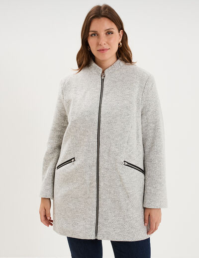 Manteau mi-long droit zipp&eacute; col mao gris clair femme grande taille