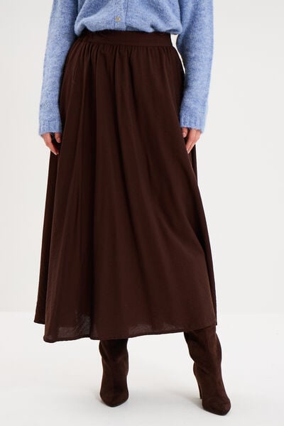 Jupe midi &eacute;vas&eacute;e taille &eacute;lastiqu&eacute;e marron fonc&eacute; femme