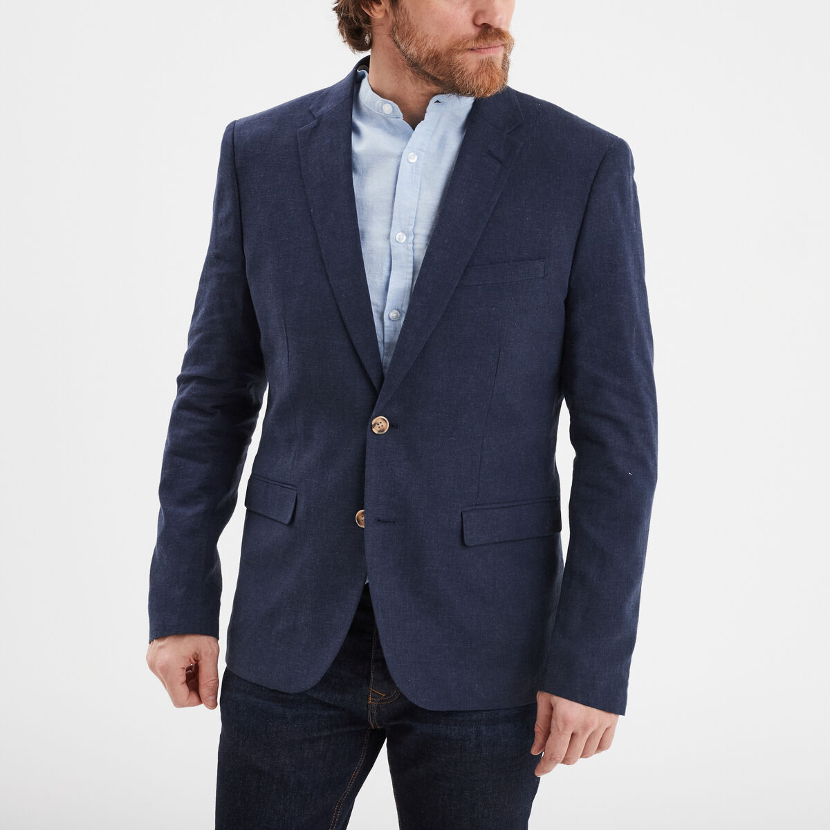 Veste blazer droite lin m&eacute;lang&eacute; bleu marine homme