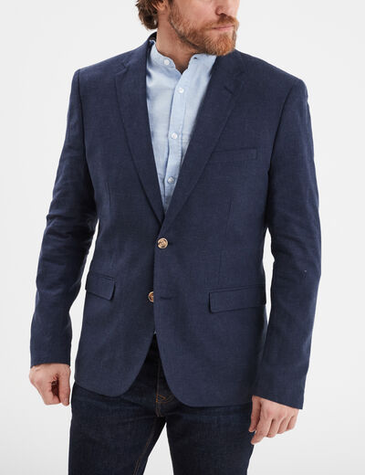 Veste blazer droite lin m&eacute;lang&eacute; bleu marine homme