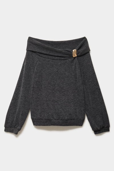 Pull encolure bateau manches longues gris femme