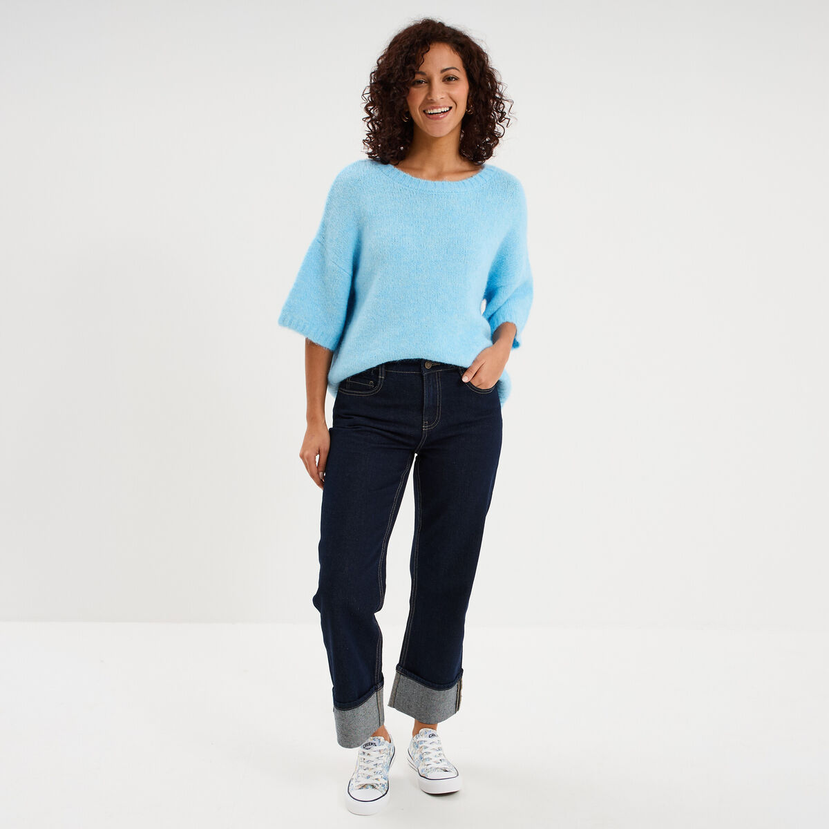 Pull col rond manches courtes bleu clair femme