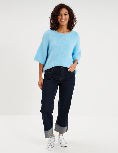 Pull col rond manches courtes bleu clair femme