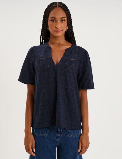 Blouse brod&eacute;e col tunisien bleu fonc&eacute; femme