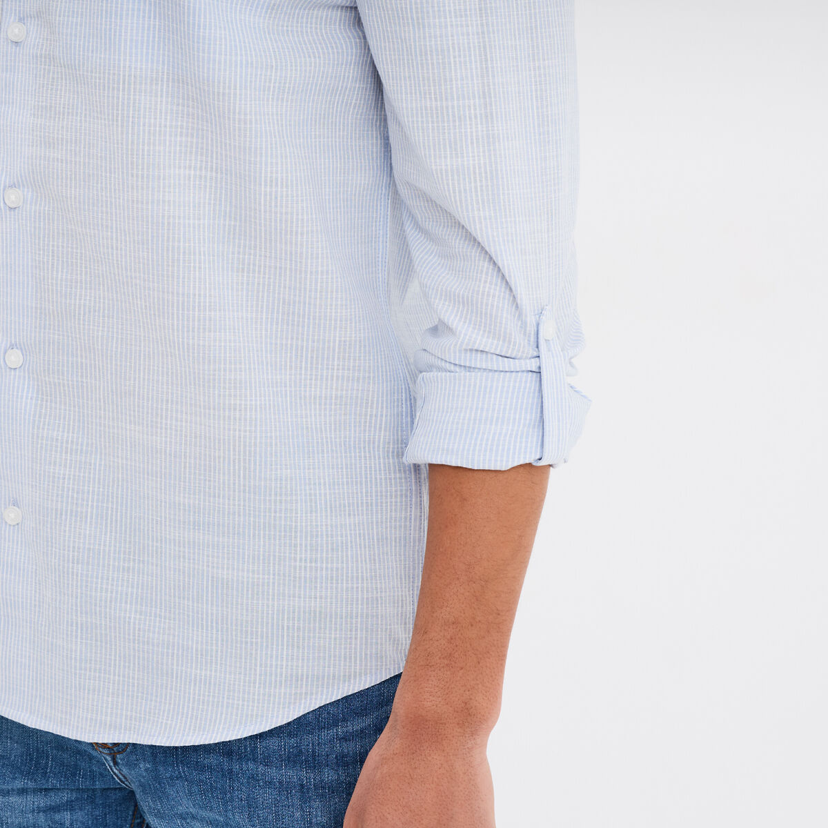 Chemise col mao manches longues coton bleu ciel homme