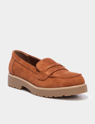 Mocassins su&eacute;dine semelles crant&eacute;es marron femme