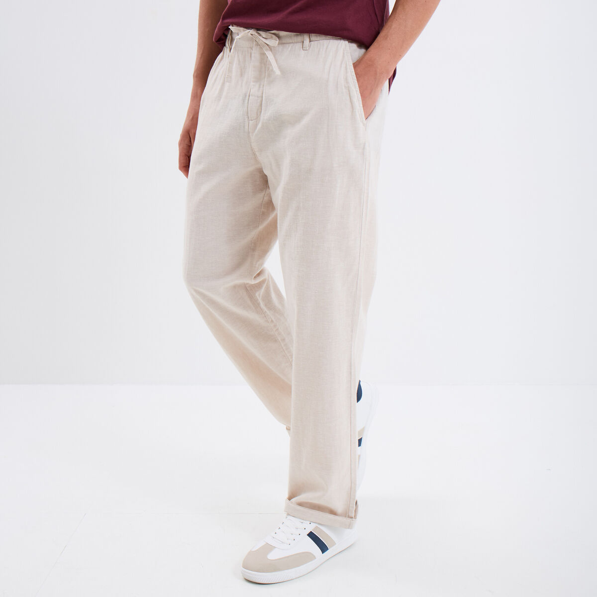 Pantalon chino mélange lin coton gris clair homme