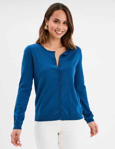 Gilet manches longues boutonné col rond bleu foncé femme