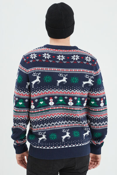 Pull de Noël col rond manches longues multicolore homme