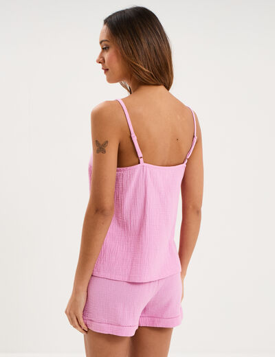 Haut de pyjama d&eacute;bardeur gaze de coton rose femme